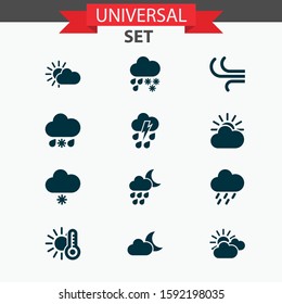 Climate icons set with sunset, light snow shower, temperature and other moonlight elements. Isolated vector illustration climate icons.