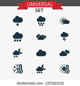 Climate icons set with sunshine, clouds, overcast and other lightning elements. Isolated vector illustration climate icons.