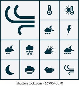Climate icons set with temperature, thunderstorm, snowfall and other voltage elements. Isolated vector illustration climate icons.