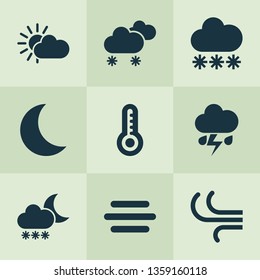 Climate icons set with wind, thermometer, fog and other flash elements. Isolated vector illustration climate icons.