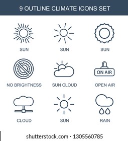 climate icons. Trendy 9 climate icons. Contain icons such as sun, no brightness, sun cloud, open air, cloud, rain. climate icon for web and mobile.