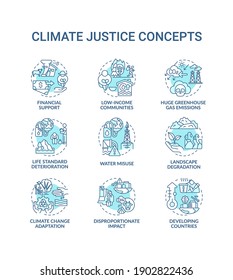 Climate justice concept icons set. Global warming reduce idea thin line RGB color illustrations. Global warming. Climate change. Vector isolated outline drawings. Editable stroke