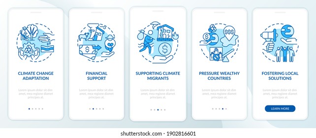 Climate Justice tasks onboarding mobile app page screen with concepts. Environmental problems walkthrough 5 steps graphic instructions. UI vector template with RGB color illustrations
