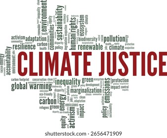 Climate Justice palavra nuvem conceitual design isolado no fundo branco.