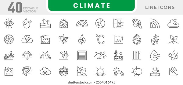 Climate line icon set. Ecology, environment, renewable energy, recycling, warming, greenhouse, melting ice, earth, clouds, sunny day, snowflakes, wind, sun day line icon set. UI thin line icon pack.