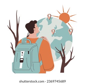 Migración climática. Personas que migran debido al cambio climático, la sequía y la temperatura extrema en su región. Hombre con mochila mudándose a otro país. Ilustración vectorial plana