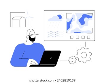 Ilustración del vector conceptual abstracta de la vigilancia del clima. Los agricultores con dispositivos controlan el clima, la agricultura moderna, la agricultura inteligente, la gestión de granjas usando tecnologías como la metáfora abstracta IoT.