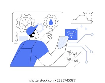 Climate Monitoring isolated cartoon vector illustrations. Farmer with device controls climate, modern agriculture, smart farming, managing farms using technologies like IoT vector cartoon.