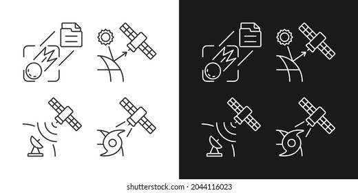 Climate monitoring satellites linear icons set for dark and light mode. Meteorological Earth observation system. Customizable thin line symbols. Isolated vector outline illustrations. Editable stroke