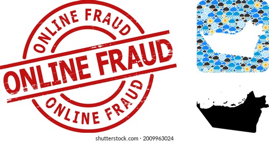 Climate mosaic map of Abu Dhabi Emirate, and grunge red round Online Fraud stamp seal. Geographic vector concept map of Abu Dhabi Emirate is designed as hole from rounded square and randomized rain,
