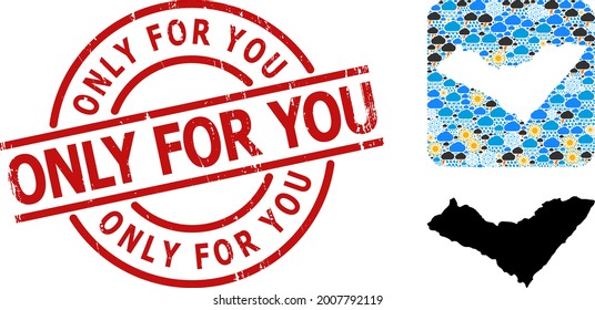 Climate mosaic map of Alagoas State, and grunge red round Only for You stamp seal. Geographic vector collage map of Alagoas State is combined as stencil from rounded square and randomized rain, cloud,