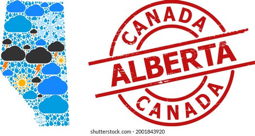 Mapa de mosaicos climáticos de la provincia de Alberta y foca redonda roja de caucho. El mapa geográfico del mosaico vectorial de la provincia de Alberta está organizado a partir de lluvias dispersas, nubes, sol y elementos de tormenta.