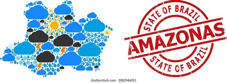 Climate mosaic map of Amazonas State, and textured red round stamp seal. Geographic vector mosaic map of Amazonas State is designed from randomized rain, cloud, sun, thunderstorm symbols.