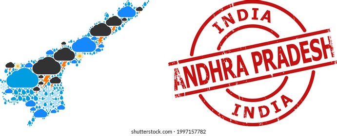 Climate mosaic map of Andhra Pradesh State, and textured red round seal. Geographic vector composition map of Andhra Pradesh State is constructed from randomized rain, cloud, sun, thunderstorm icons.