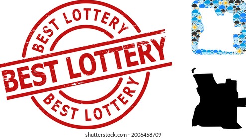 Climate mosaic map of Angola, and scratched red round Best Lottery badge. Geographic vector mosaic map of Angola is composed as stencil from rounded square and random rain, cloud, sun,