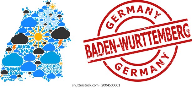 Climate mosaic map of Baden-Wurttemberg State, and textured red round stamp. Geographic vector concept map of Baden-Wurttemberg State is created from randomized rain, cloud, sun,