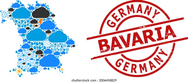Climate mosaic map of Bavaria State, and grunge red round stamp. Geographic vector composition map of Bavaria State is combined with scattered rain, cloud, sun, thunderstorm elements.