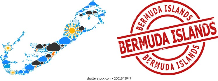 Mapa de mosaicos climáticos de las islas Bermudas, y placa redonda roja de angustia. El mapa geográfico del collage vectorial de las Islas Bermudas está diseñado con símbolos aleatorios de lluvia, nube, sol y tormenta.