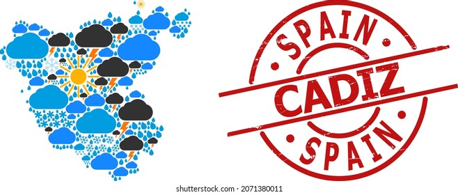 Climate mosaic map of Cadiz Province, and rubber red round seal. Geographic vector composition map of Cadiz Province is done from random rain, cloud, sun, thunderstorm items.