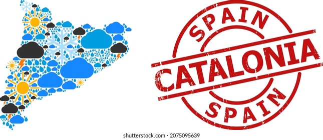 Climate mosaic map of Catalonia, and scratched red round badge. Geographic vector mosaic map of Catalonia is organized from scattered rain, cloud, sun, thunderstorm symbols.