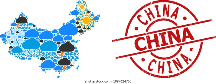 Climate mosaic map of China, and grunge red round stamp. Geographic vector mosaic map of China is composed with scattered rain, cloud, sun, thunderstorm. Vector flat illustration for climate news.