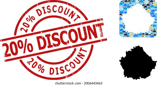 Climate mosaic map of Cuenca Province, and rubber red round 20 percent Discount stamp seal. Geographic vector collage map of Cuenca Province is created as hole from rounded square and random rain
