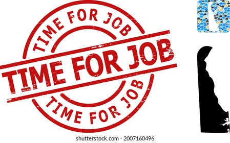 Climate mosaic map of Delaware State, and distress red round Time for Job seal. Geographic vector concept map of Delaware State is composed as stencil from rounded square and random rain, cloud, sun,