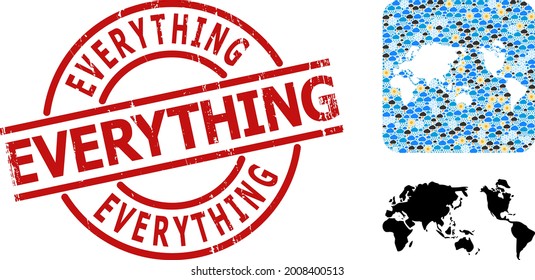 Climate mosaic map of Earth, and textured red round Everything badge. Geographic vector collage map of Earth is combined as carved shape from rounded square and scattered rain, cloud, sun,