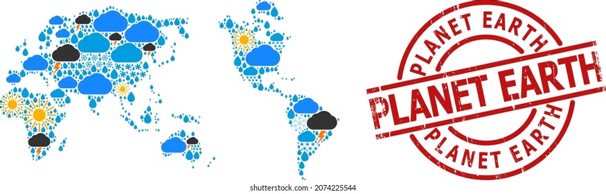 Mapa de mosaicos climáticos de la Tierra y sello rojo de sellado con textura. El mapa geográfico vectorial de mosaico de la Tierra se crea a partir de lluvia aleatoria, nube, sol, tormenta.