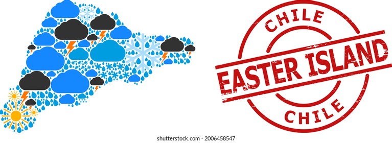 Climate mosaic map of Easter Island, and textured red round stamp. Geographic vector mosaic map of Easter Island is organized from scattered rain, cloud, sun, thunderstorm.