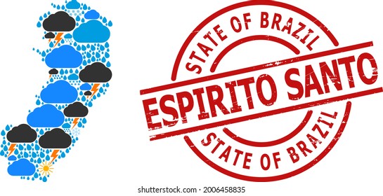 Climate mosaic map of Espirito Santo State, and rubber red round stamp seal. Geographic vector mosaic map of Espirito Santo State is created with randomized rain, cloud, sun, thunderstorm icons.