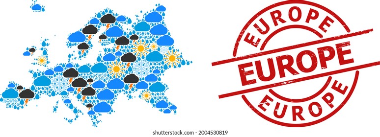 Climate mosaic map of Europe, and scratched red round seal. Geographic vector collage map of Europe is created from random rain, cloud, sun, thunderstorm elements.