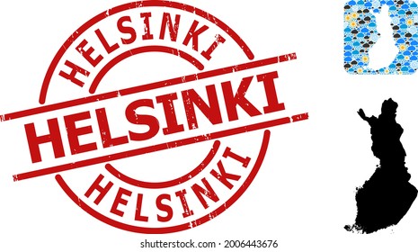 Climate mosaic map of Finland, and distress red round Helsinki badge. Geographic vector mosaic map of Finland is organized as hole from rounded square and randomized rain, cloud, sun,