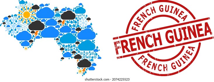 Climate mosaic map of French Guinea, and textured red round seal. Geographic vector mosaic map of French Guinea is combined with randomized rain, cloud, sun, thunderstorm.