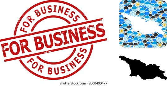 Climate mosaic map of Georgia, and rubber red round For Business seal. Geographic vector collage map of Georgia is composed as stencil from rounded square and random rain, cloud, sun,