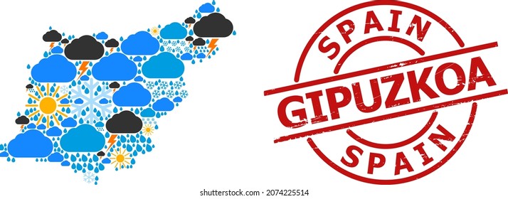 Climate mosaic map of Gipuzkoa Province, and distress red round seal. Geographic vector mosaic map of Gipuzkoa Province is composed with scattered rain, cloud, sun, thunderstorm elements.