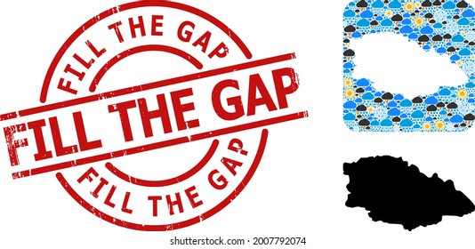 Climate mosaic map of Gozo Island, and grunge red round Fill the Gap stamp seal. Geographic vector collage map of Gozo Island is combined as subtraction from rounded square and randomized rain, cloud,