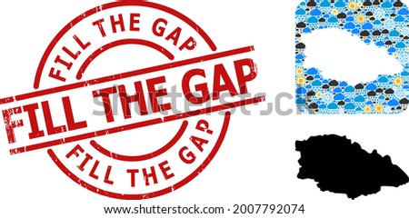 Climate mosaic map of Gozo Island, and grunge red round Fill the Gap stamp seal. Geographic vector collage map of Gozo Island is combined as subtraction from rounded square and randomized rain, cloud,