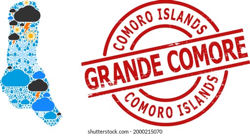 Climate mosaic map of Grande Comore Island, and scratched red round seal. Geographic vector composition map of Grande Comore Island is combined from scattered rain, cloud, sun, thunderstorm symbols.