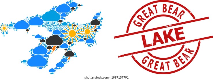 Climate mosaic map of Great Bear Lake, and grunge red round badge. Geographic vector mosaic map of Great Bear Lake is composed with scattered rain, cloud, sun, thunderstorm items.