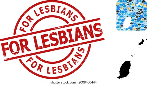 Climate mosaic map of Grenada Islands, and rubber red round For Lesbians seal. Geographic vector mosaic map of Grenada Islands is combined as hole from rounded square and scattered rain, cloud, sun,