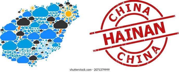 Climate mosaic map of Hainan Island, and grunge red round badge. Geographic vector mosaic map of Hainan Island is organized from randomized rain, cloud, sun, thunderstorm items.
