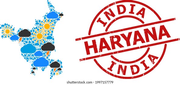 Climate mosaic map of Haryana State, and scratched red round stamp. Geographic vector composition map of Haryana State is designed from randomized rain, cloud, sun, thunderstorm icons.