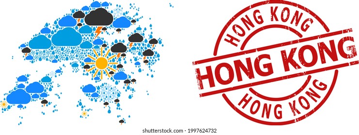 Mapa de mosaicos climáticos de Hong Kong, y sello rojo redondo rasgado. El mapa geográfico del mosaico vectorial de Hong Kong está construido con lluvia aleatoria, nube, sol, tormenta.