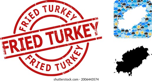 Climate mosaic map of Ibiza Island, and rubber red round Fried Turkey stamp seal. Geographic vector mosaic map of Ibiza Island is combined as carved shape from rounded square and scattered rain,