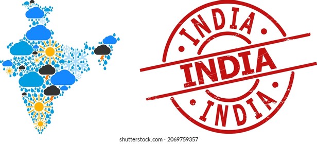 Climate mosaic map of India, and distress red round badge. Geographic vector mosaic map of India is organized from scattered rain, cloud, sun, thunderstorm icons.