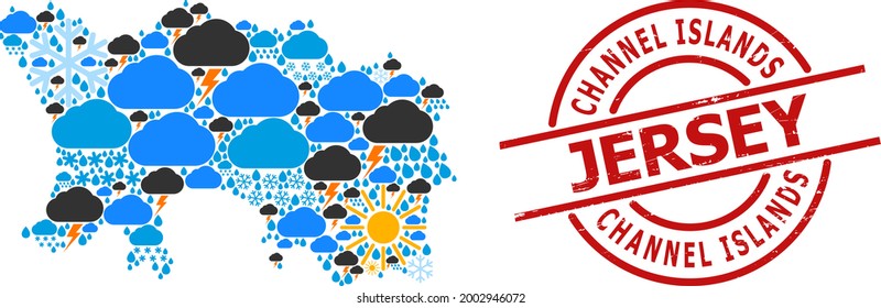 Klima-Mosaik-Karte von Jersey Island, und Not roten runden Badge. Geographische Vektormosaikkarte von Jersey Island ist mit verstreuten Regen-, Wolke-, Sonne- und Gewittersymbolen konstruiert.