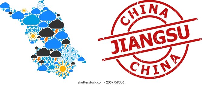 Climate mosaic Map of Jiangsu Province, and rubber red round badge. Geographic vector collage Map of Jiangsu Province is composed from random rain, cloud, sun, thunderstorm.