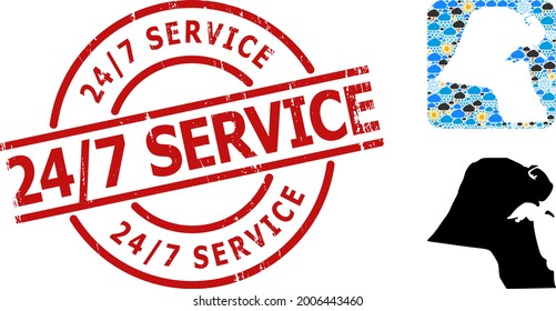 Climate mosaic map of Kuwait, and scratched red round 24 - 7 Service badge. Geographic vector mosaic map of Kuwait is composed as carved shape from rounded square and random rain, cloud, sun,