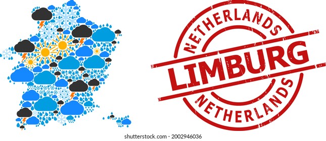 Climate mosaic map of Limburg Province, and scratched red round stamp seal. Geographic vector mosaic map of Limburg Province is composed from randomized rain, cloud, sun, thunderstorm symbols.